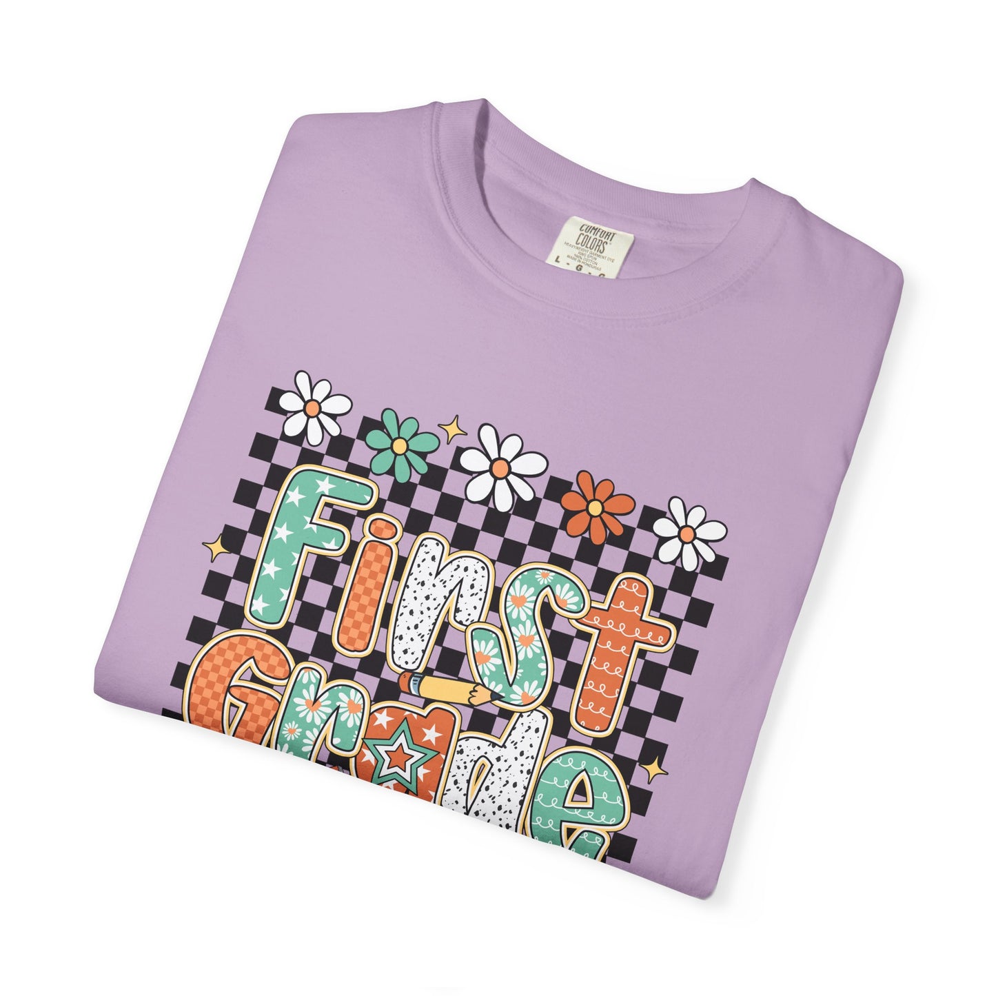 Fun First Grade T-Shirt, Cute Back to School Shirt, Gift for Kids, Unisex Tee, Flower and Checkered Design
