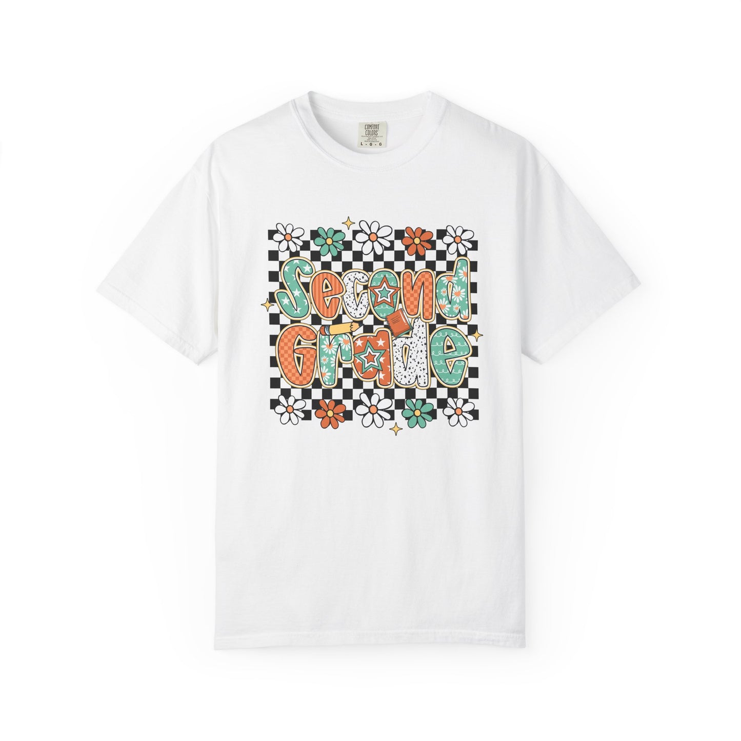 White t-shirt with 'Second Grade' design on a checkered background