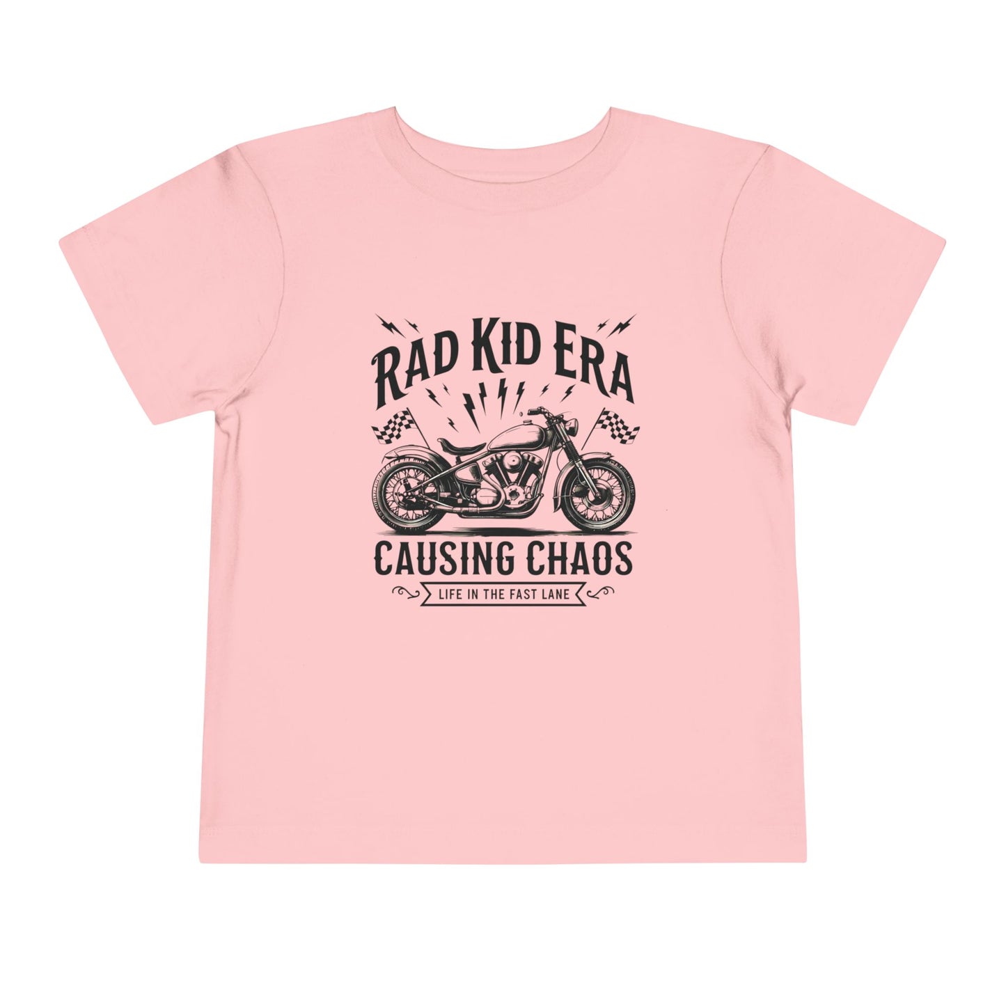 Pink t-shirt with a motorcycle graphic and text on a white background