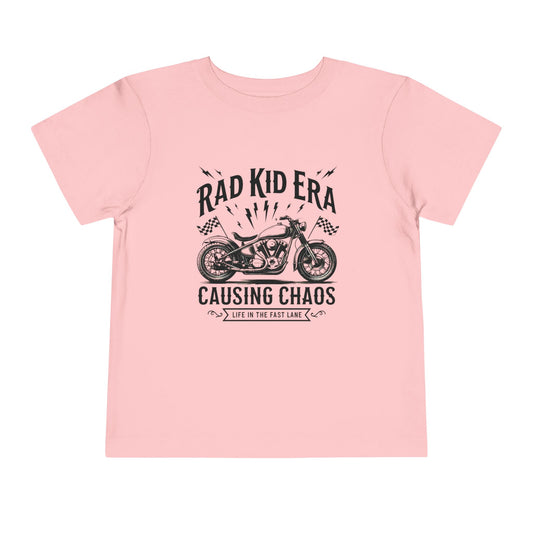 Pink t-shirt with a motorcycle graphic and text on a white background
