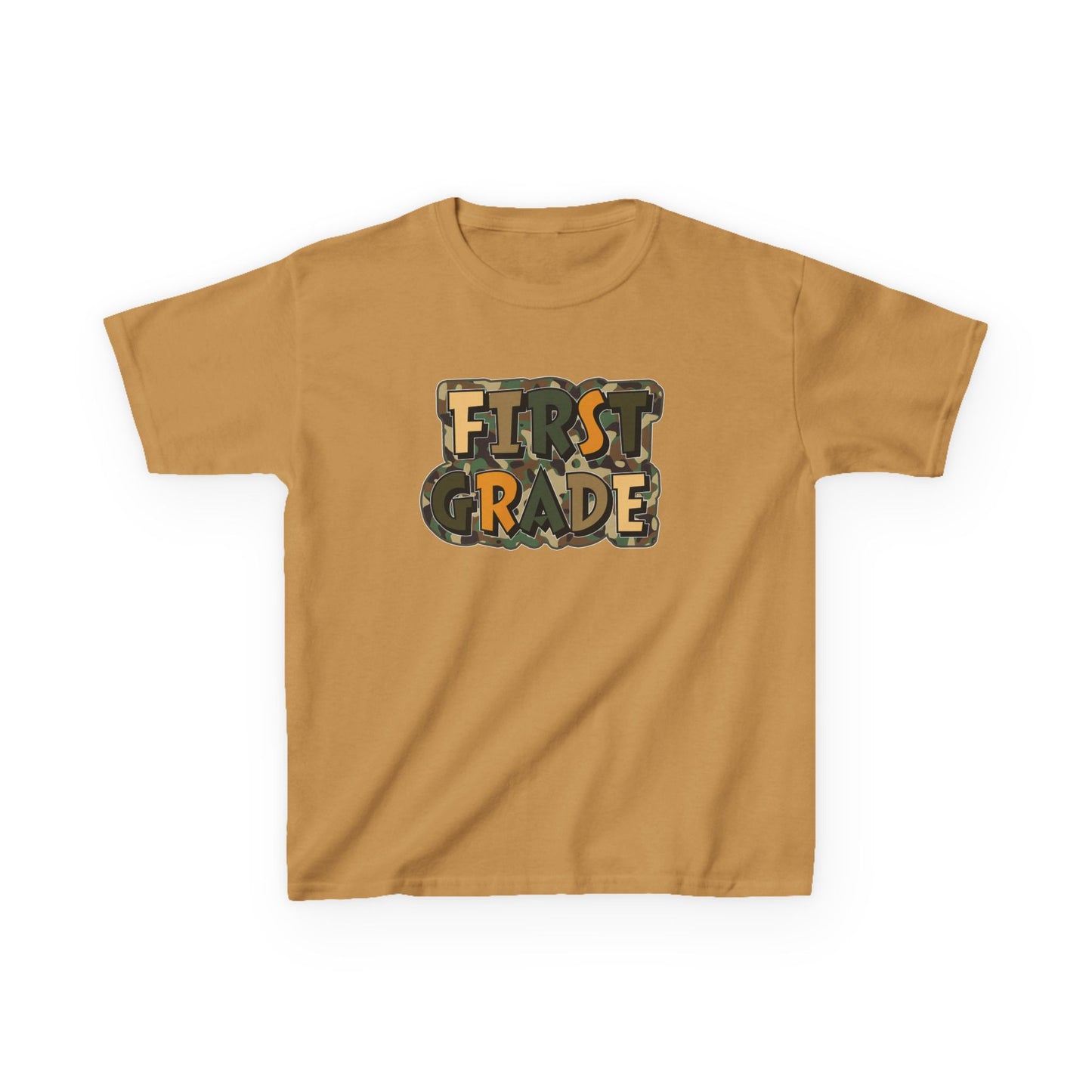 Beige t-shirt with 'FIRST GRADE' text on a white background