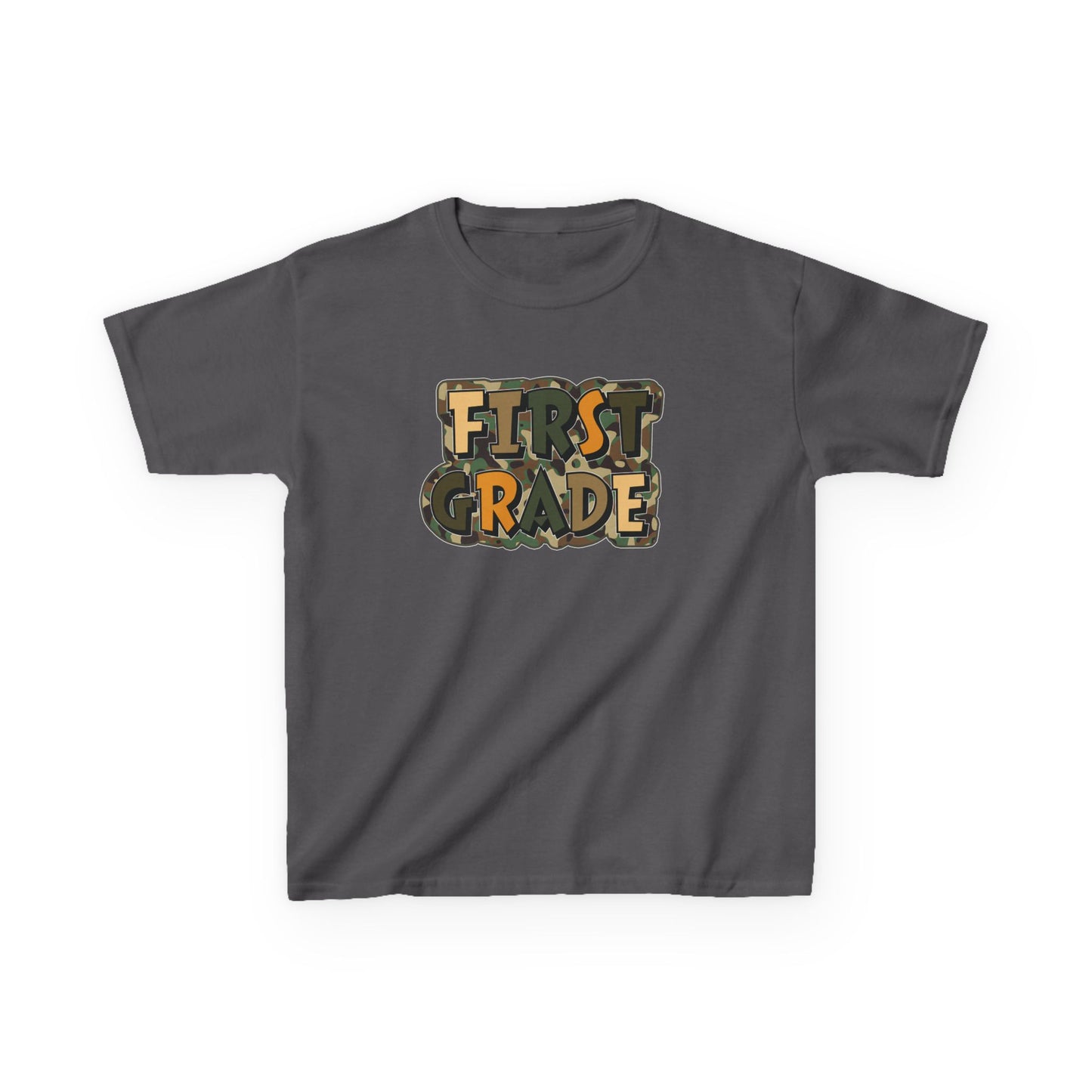 Gray t-shirt with 'FIRST GRADE' text in camouflage pattern on a white background