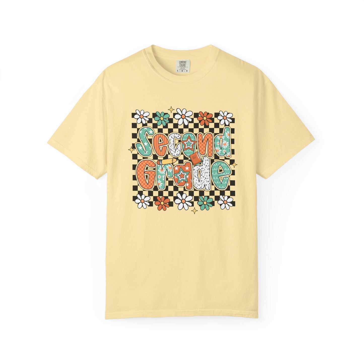 Yellow t-shirt with 'Second Grade' design on a white background