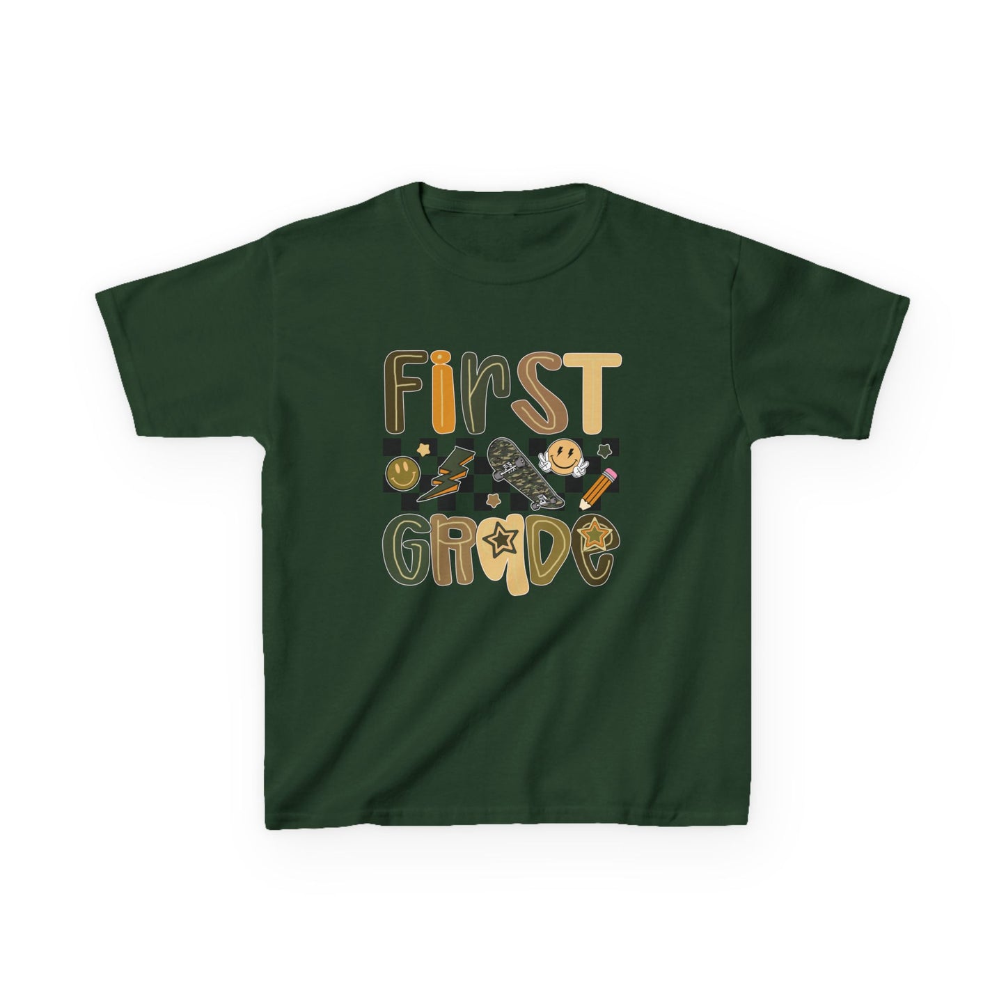 Green t-shirt with 'First Grade' text and school-themed graphics on a white background