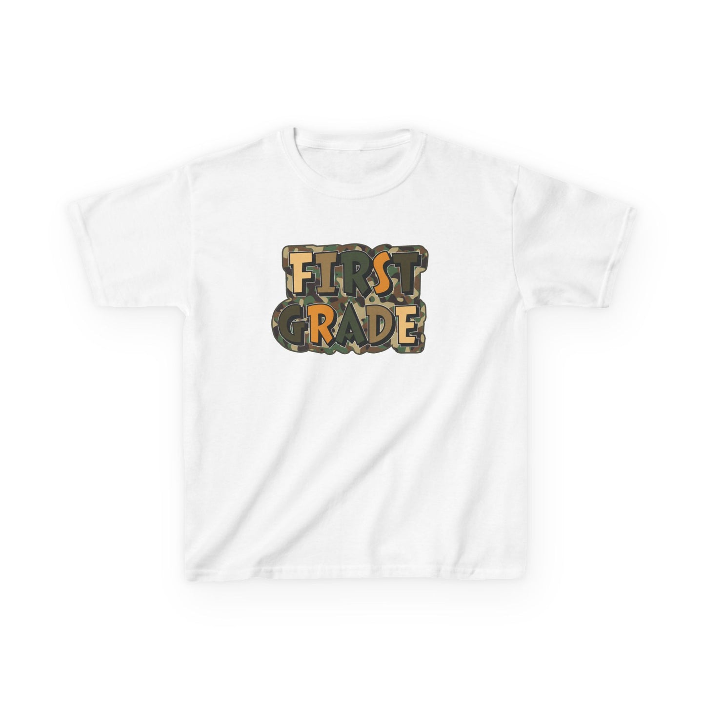 White t-shirt with 'First Grade' print on a white background