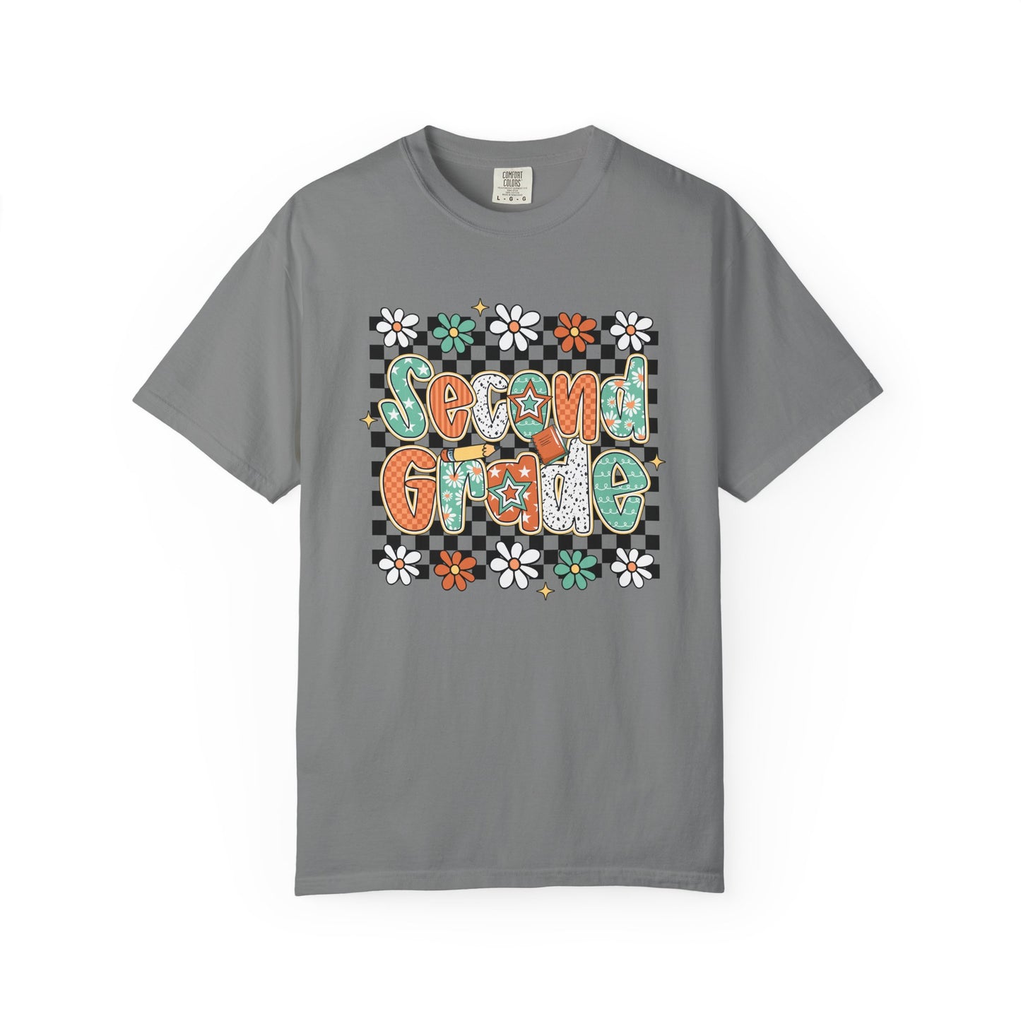 Gray t-shirt with 'Second Grade' text and floral design on a white background