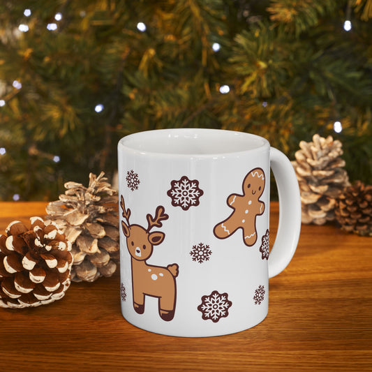 Reindeer Gingerbread Holiday Ceramic Mug, (11oz)/ Holiday Mug/ Holiday Kids Mug