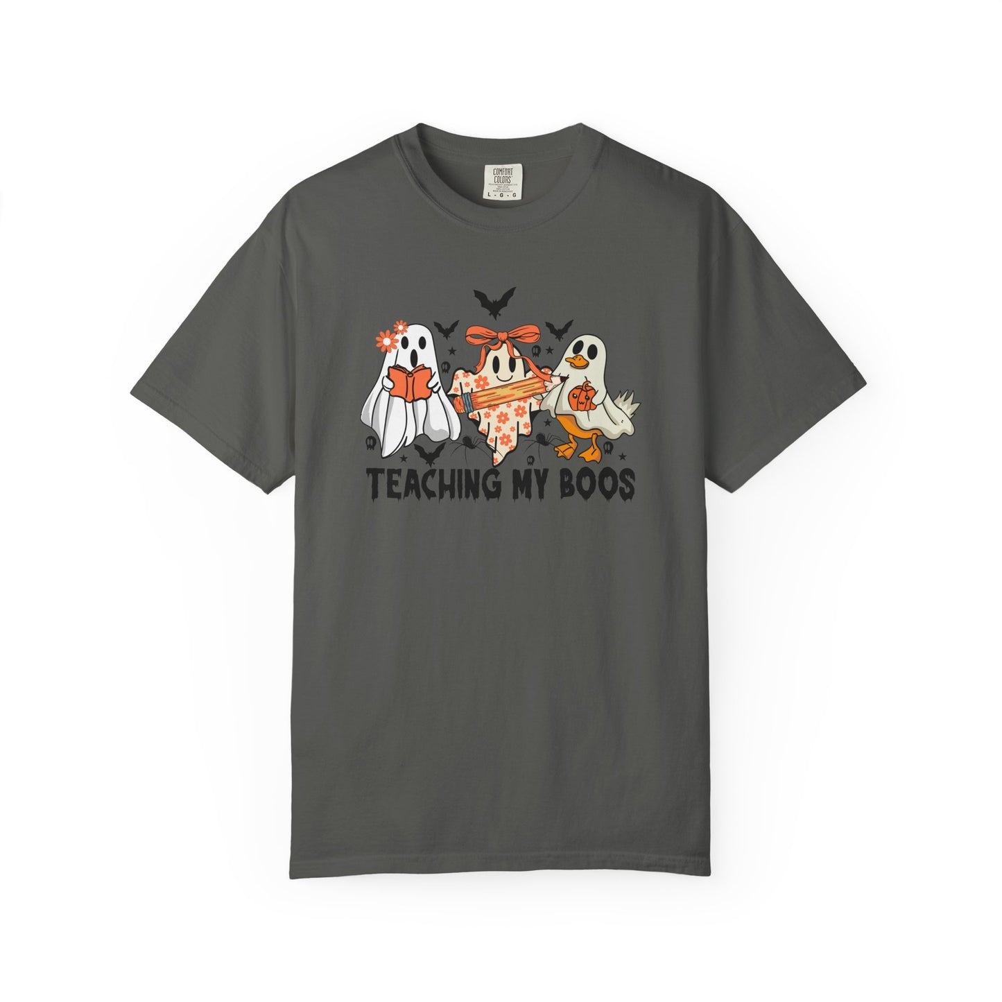 Gray t-shirt with Halloween-themed design of ghosts and text 'Teaching My Boos' on a white background