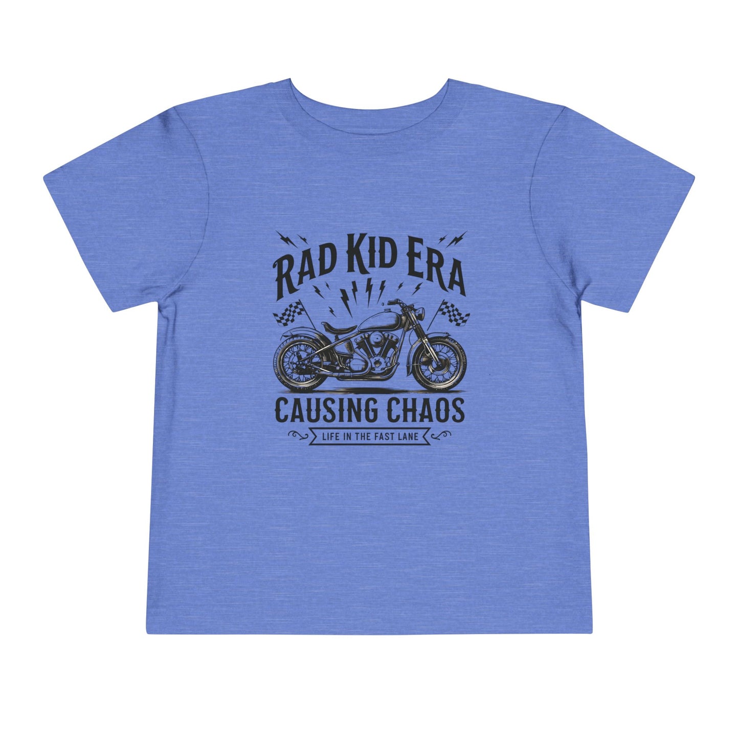 Blue t-shirt with motorcycle graphic and text on a white background