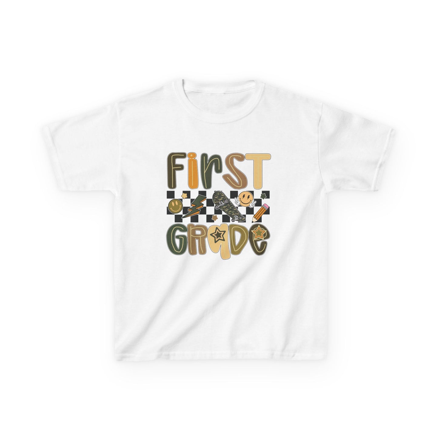 White t-shirt with 'First Grade' text and checkered design on a white background