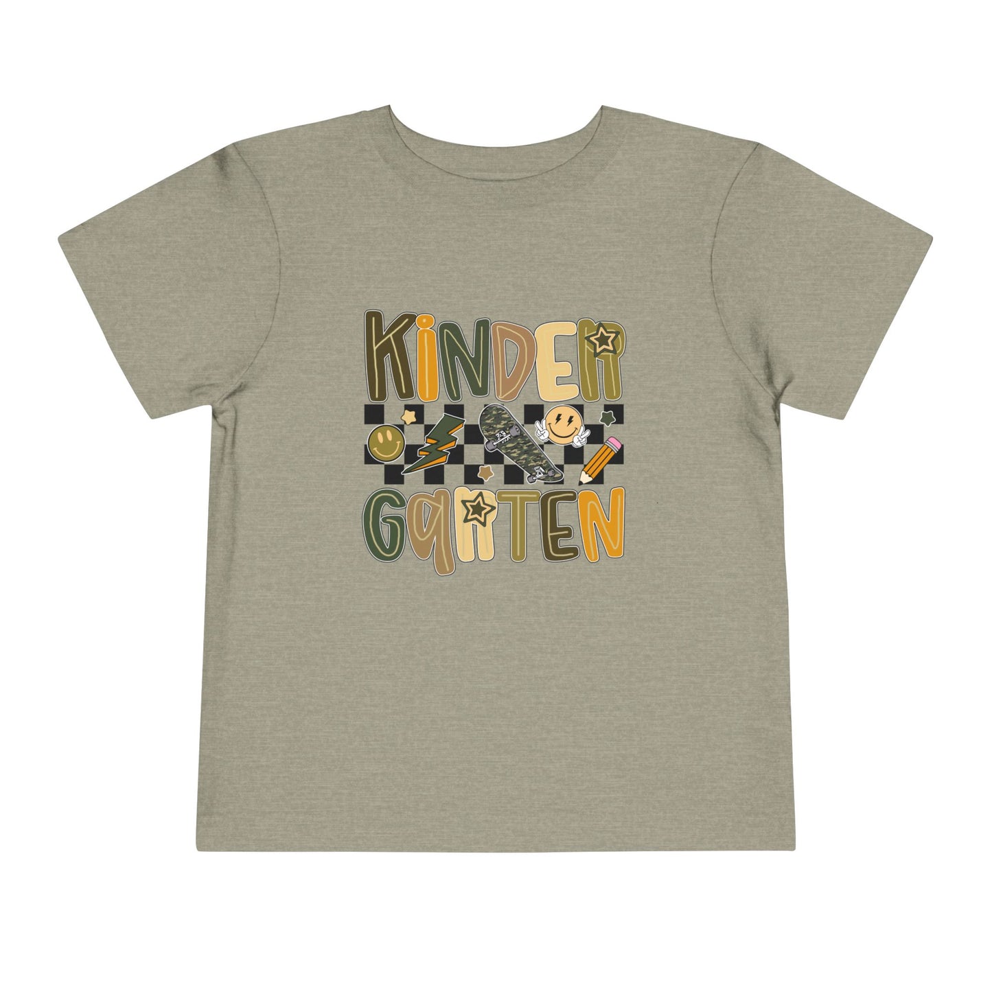 Children's t-shirt with 'Kindergarten' text and graphics on a beige background