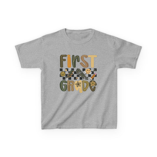 Gray t-shirt with 'First Grade' text and checkered pattern on a white background
