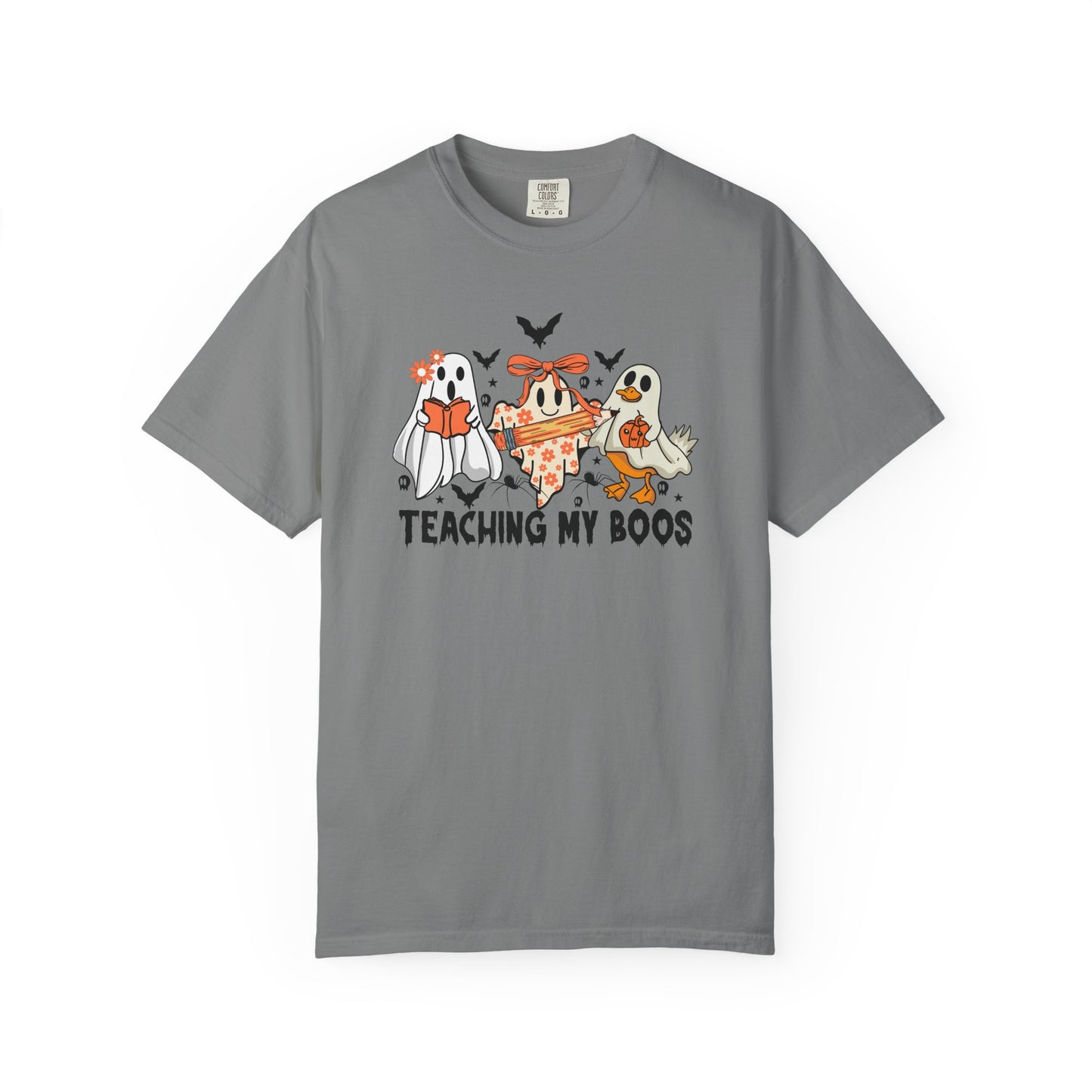Gray t-shirt with Halloween-themed design of ghosts and text 'Teaching My Boos' on a white background