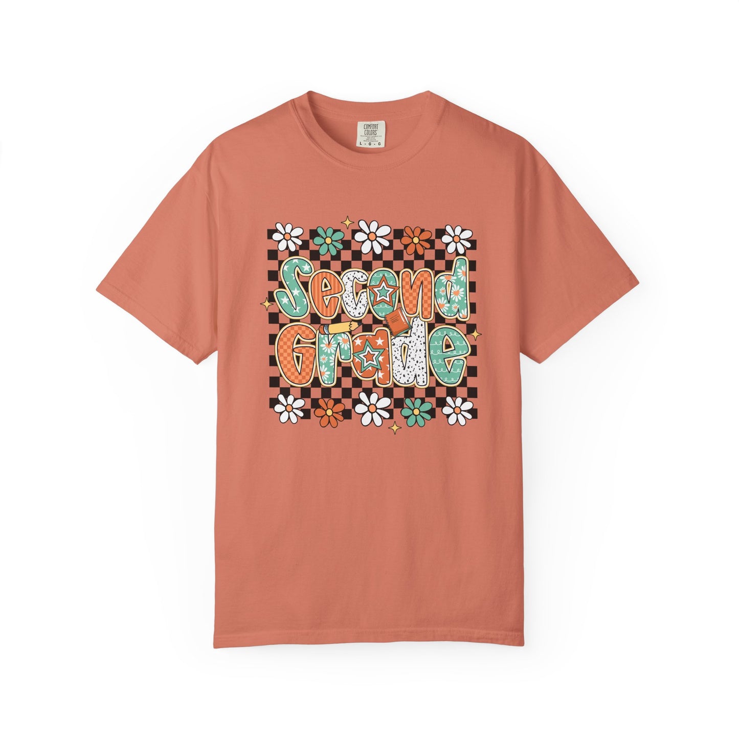 Coral t-shirt with 'Second Grade' text and floral design on a white background