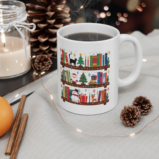 Christmas Library Ceramic Mug, (11oz, 15oz)/Library Mug/Book Coffee Mug
