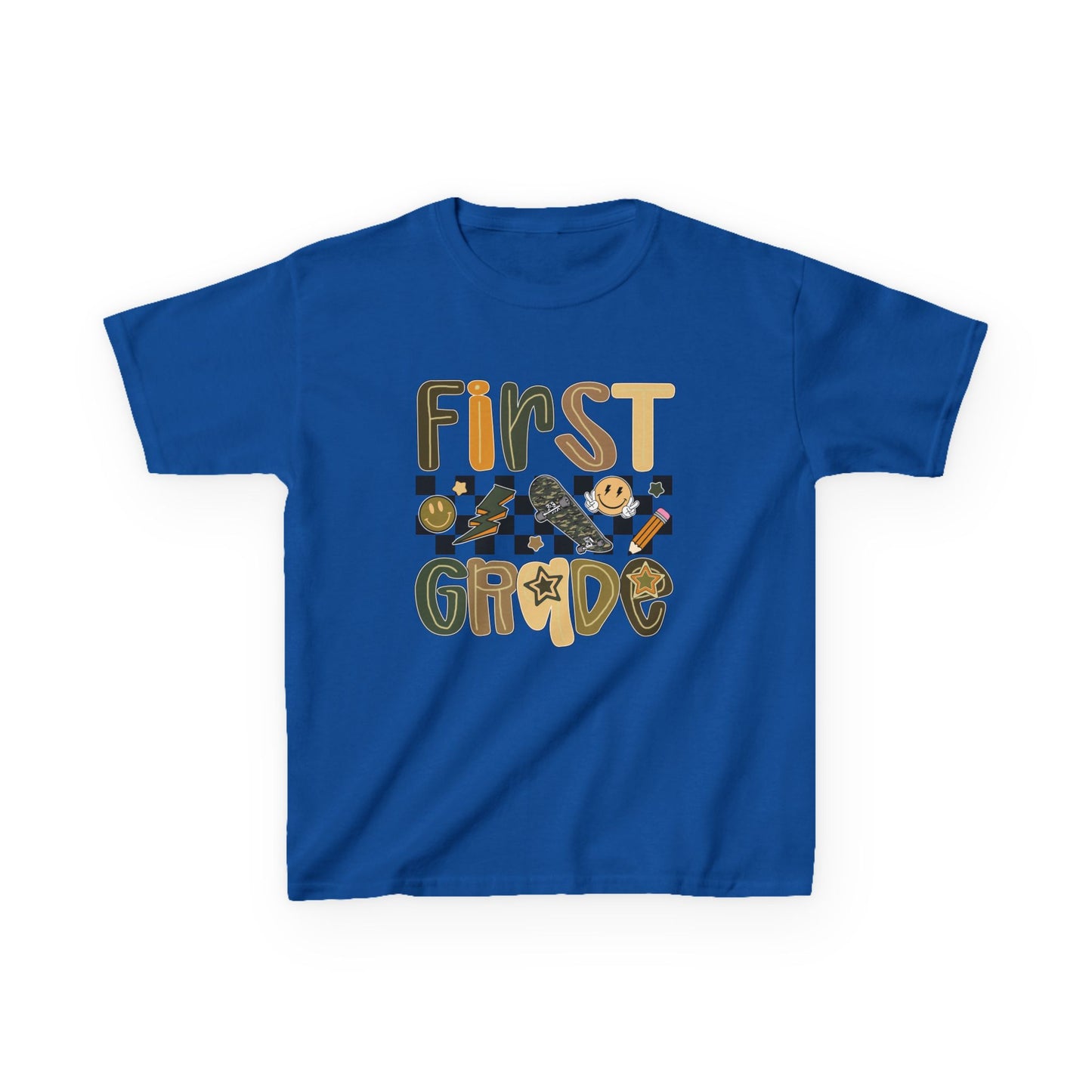 Blue t-shirt with 'First Grade' text and graphics on a white background