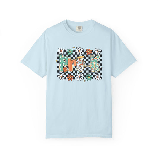 Light blue t-shirt with colorful graphic design on a white background