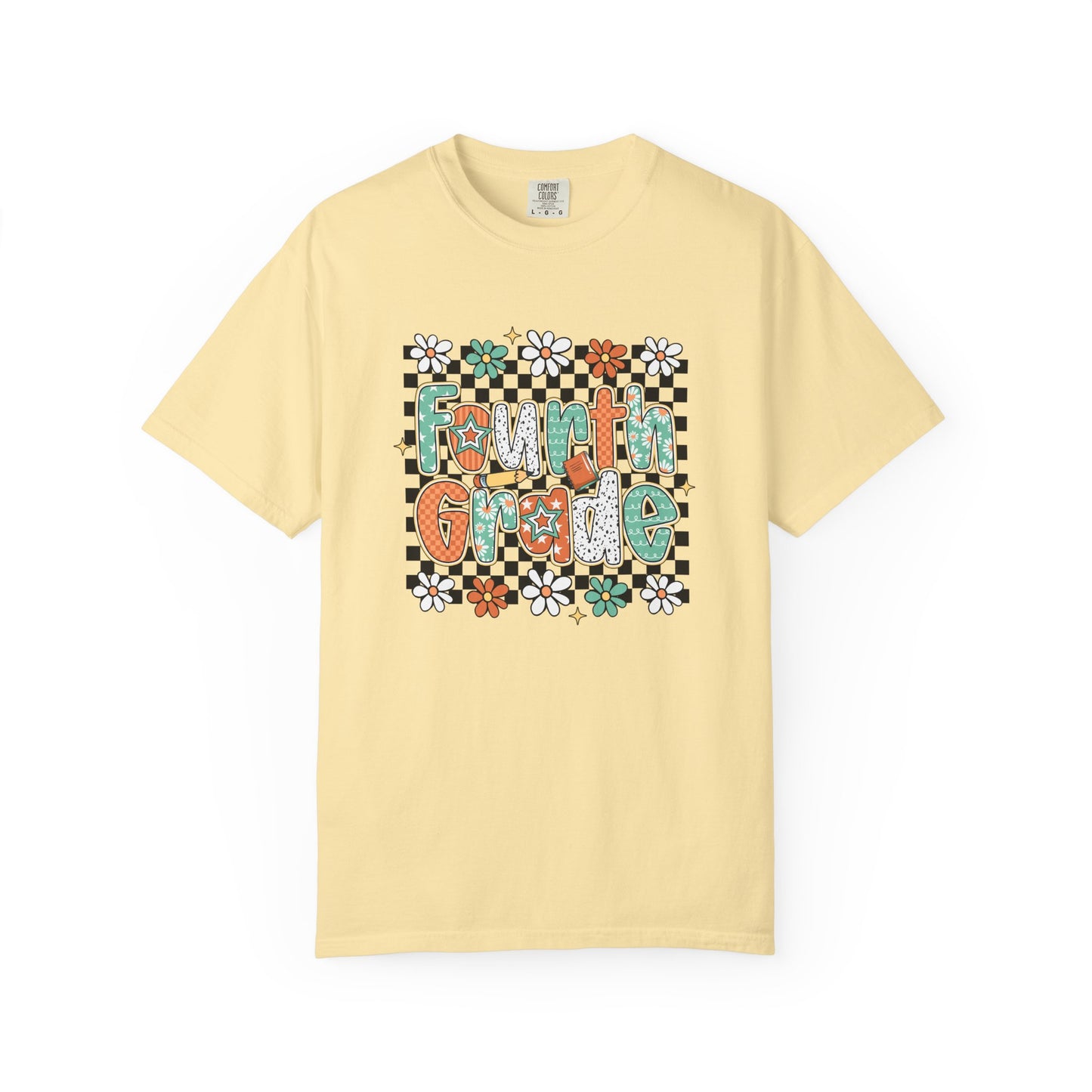 Yellow t-shirt with 'Fourth Grade' design on a white background
