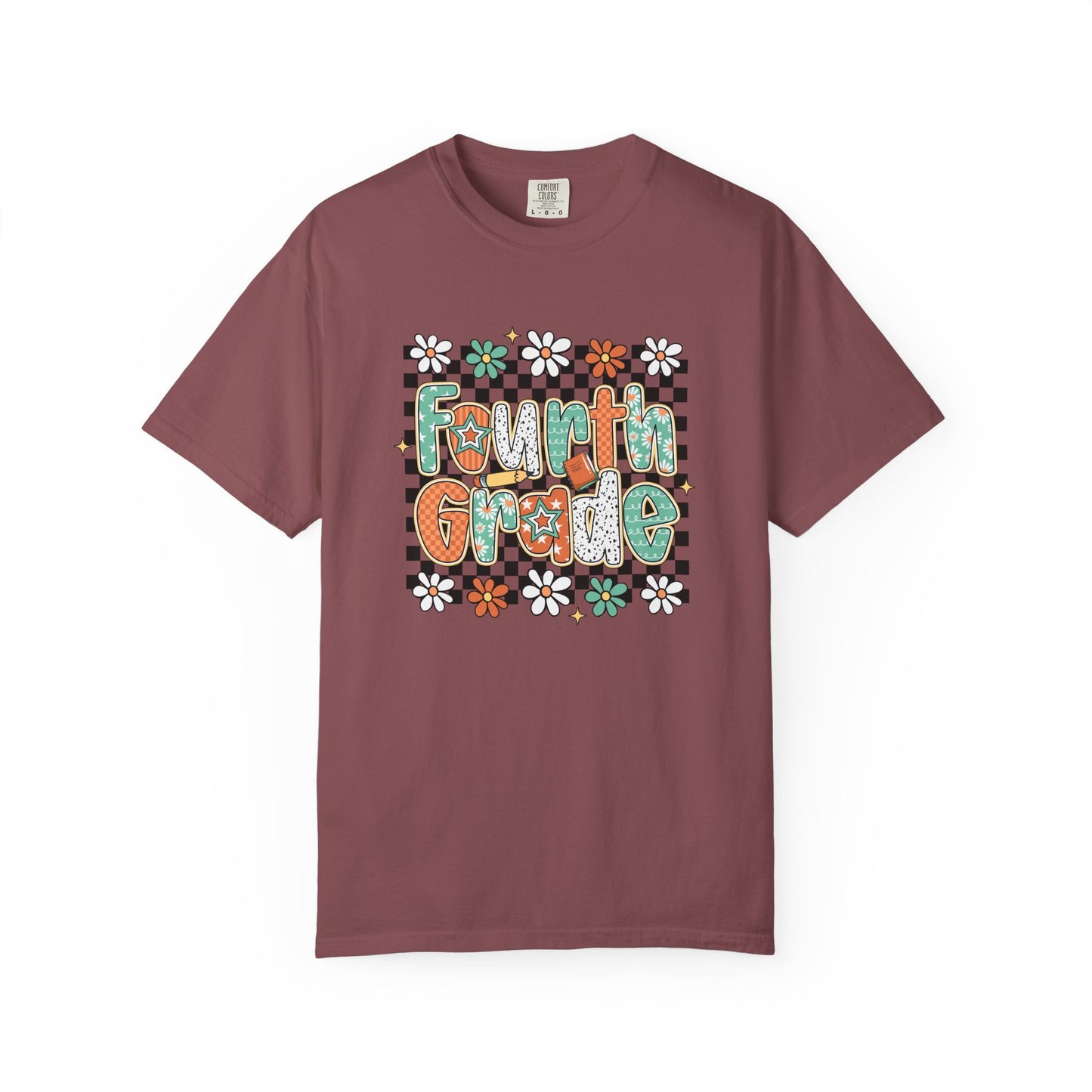 Maroon t-shirt with 'Fourth Grade' text and floral designs on a white background