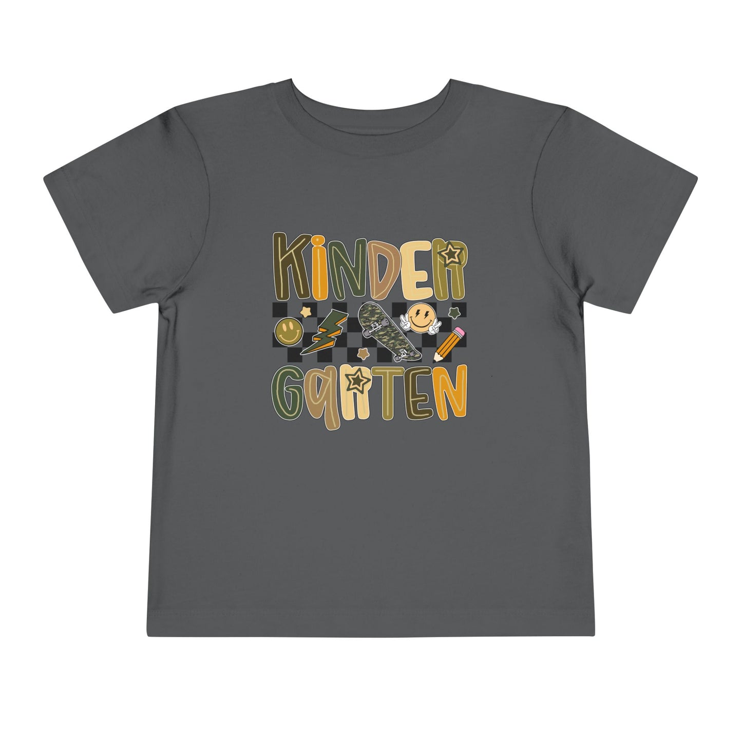 Gray t-shirt with 'Kinder Gartn' text and graphics on a white background