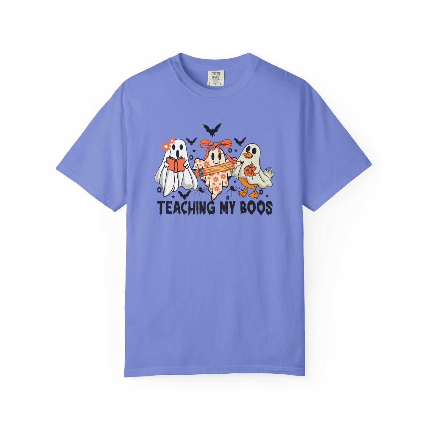 Purple t-shirt with Halloween-themed graphic and text on a white background