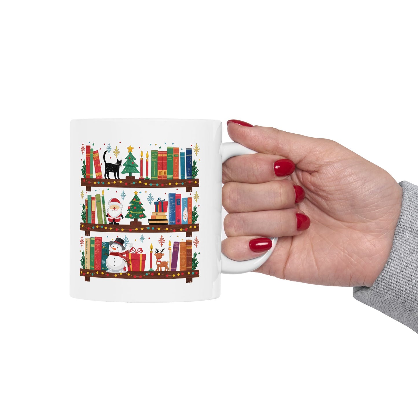 Christmas Library Ceramic Mug, (11oz, 15oz)/Library Mug/Book Coffee Mug