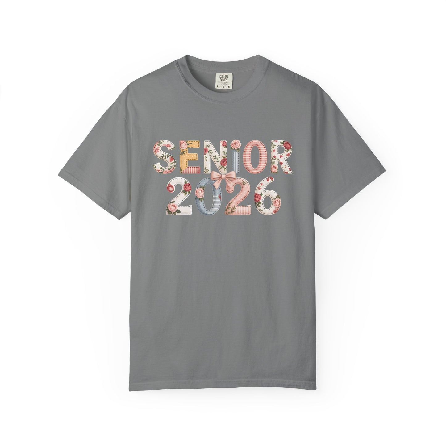 Gray t-shirt with 'Senior 2026' text on a white background