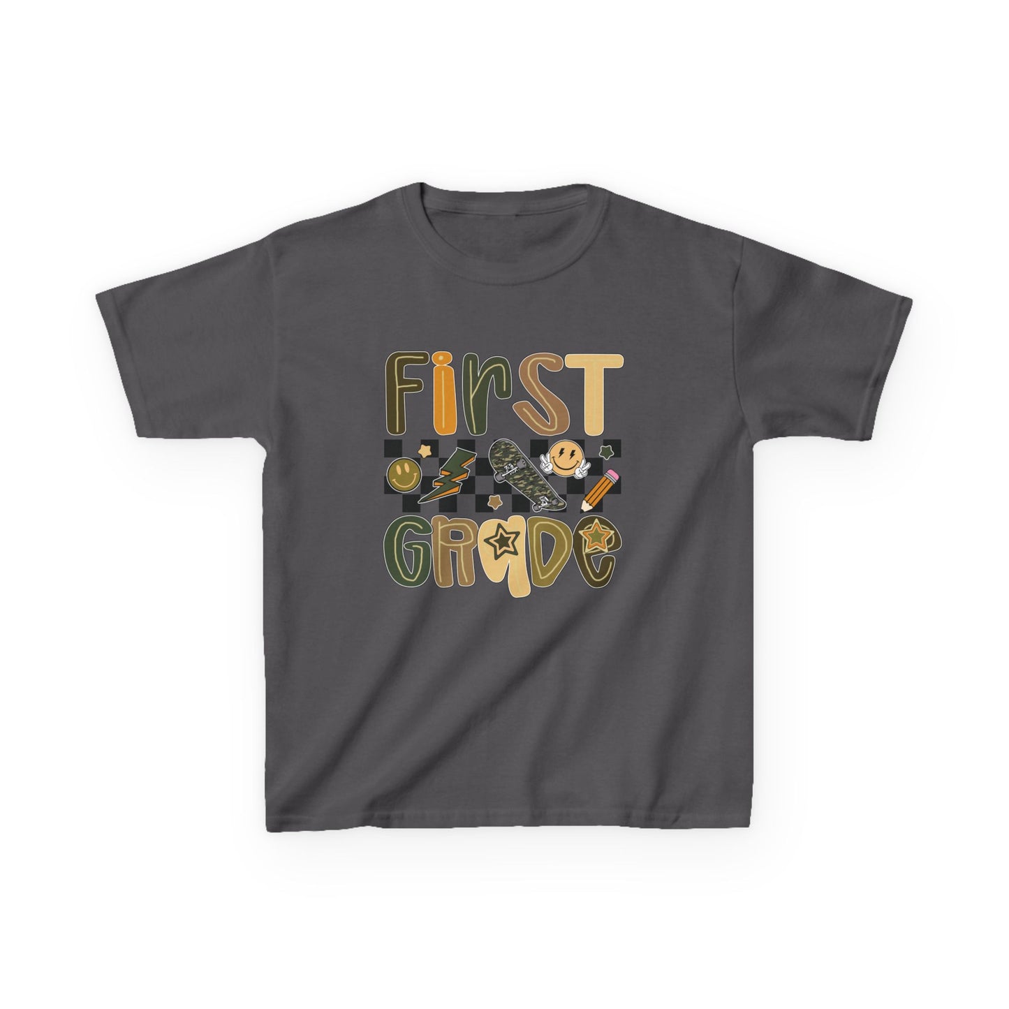 Gray t-shirt with 'First Grade' text and graphics on a white background