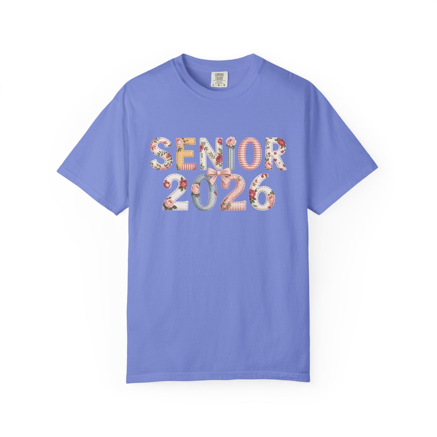 Purple t-shirt with 'Senior 2026' text on a white background