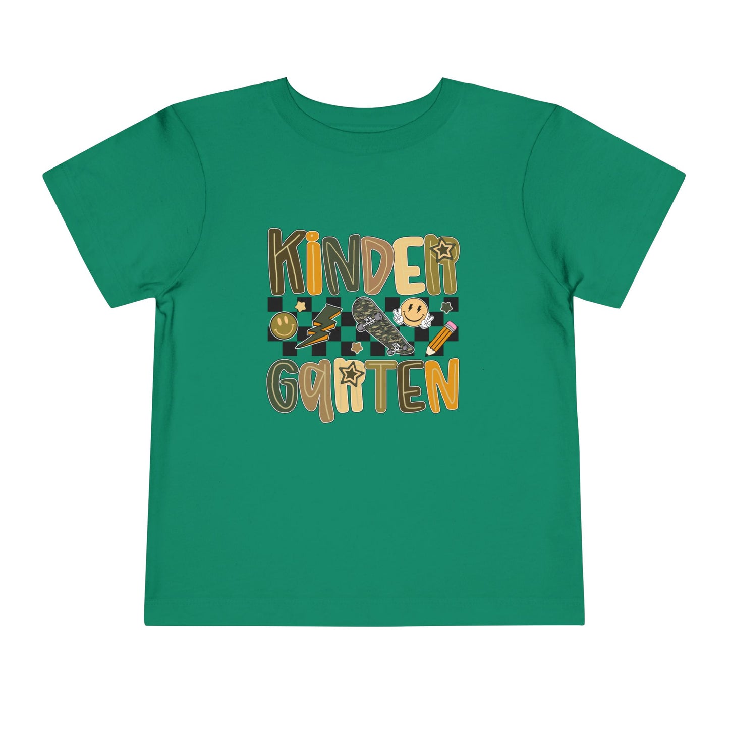 Green t-shirt with 'Kinder Gartен' text and graphics on a white background