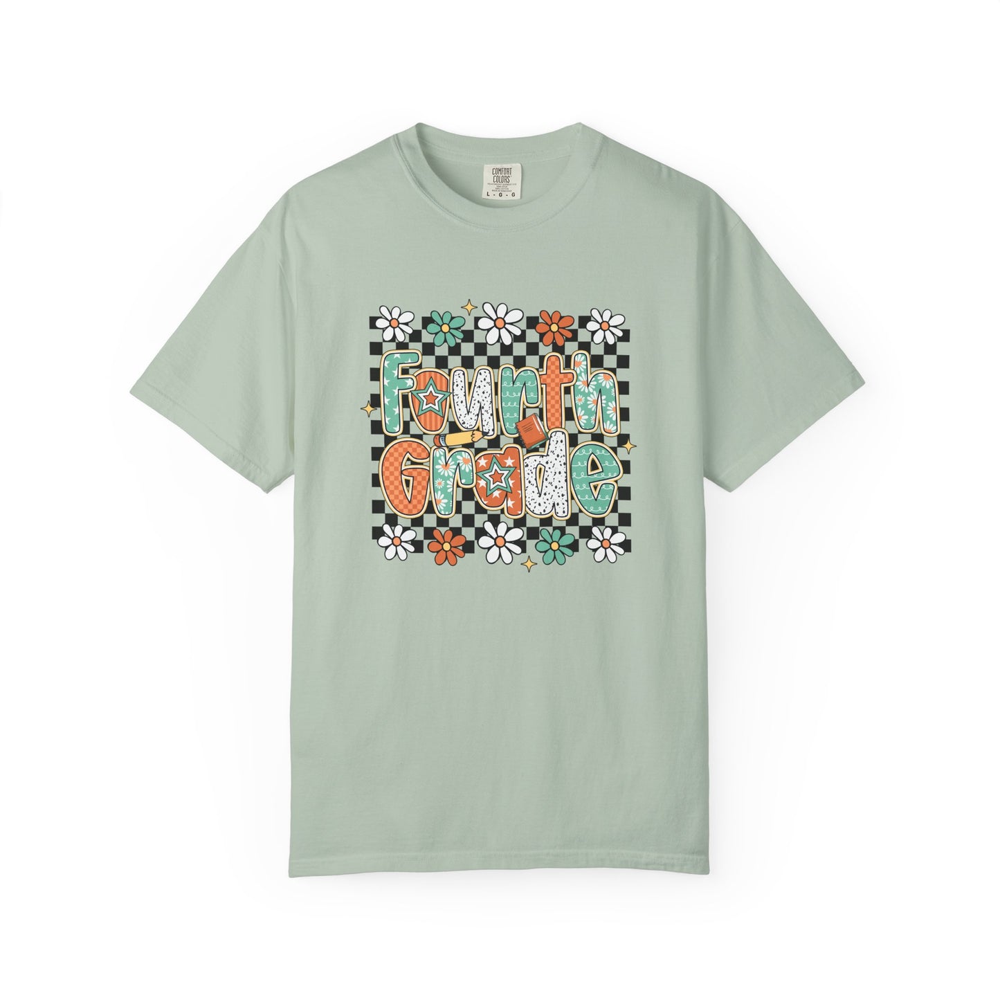 Light green t-shirt with colorful graphic design on a white background