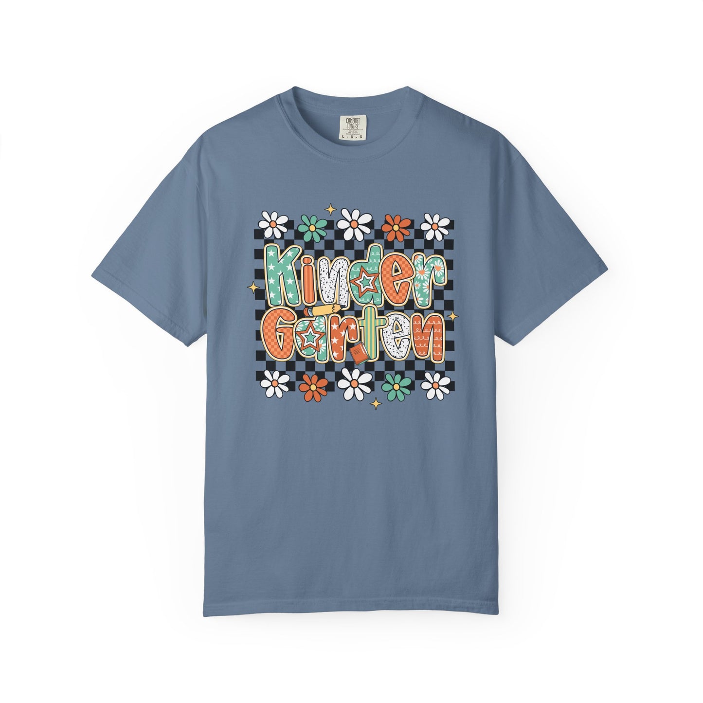 Blue t-shirt with 'Kindergarten' text and floral designs on a white background