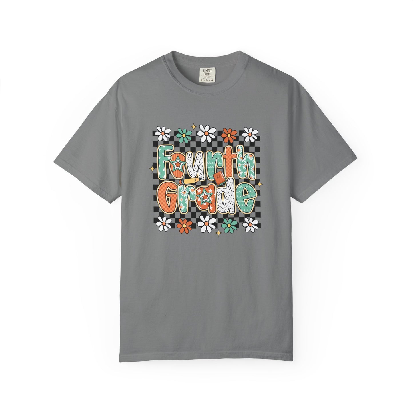 Gray t-shirt with 'Fourth Grade' text and floral designs on a white background