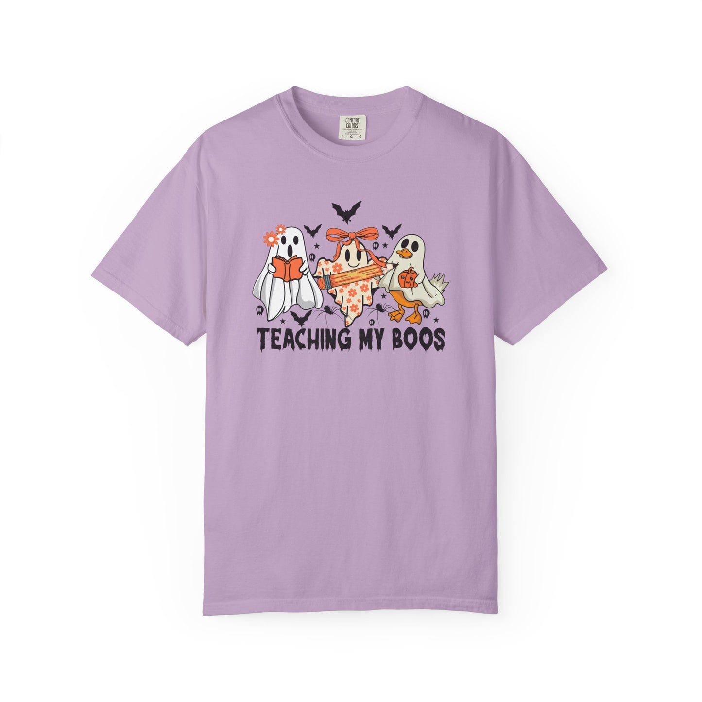 Lavender t-shirt with Halloween-themed graphic and text on a white background