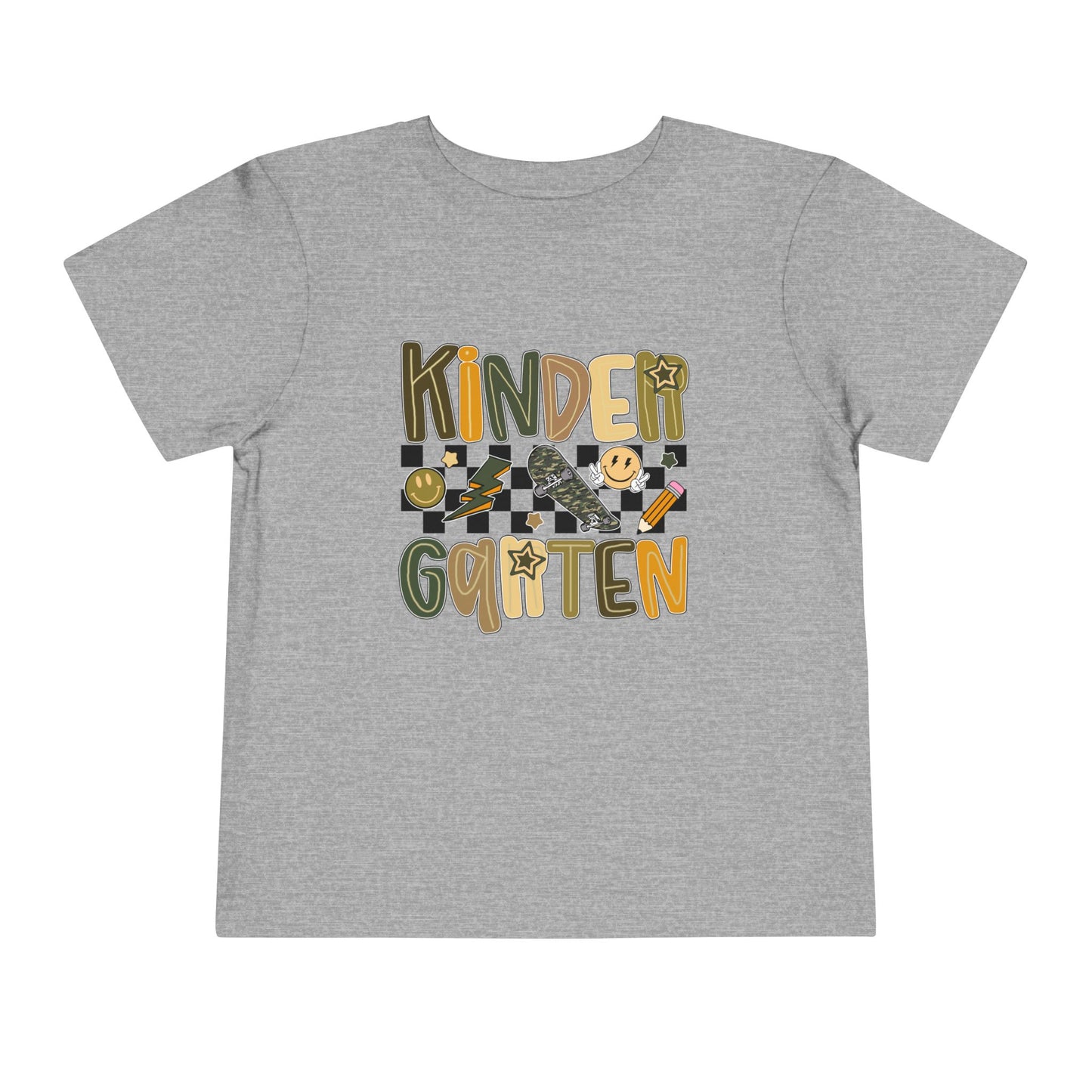 Gray t-shirt with 'Kindergarten' text and graphics on a white background