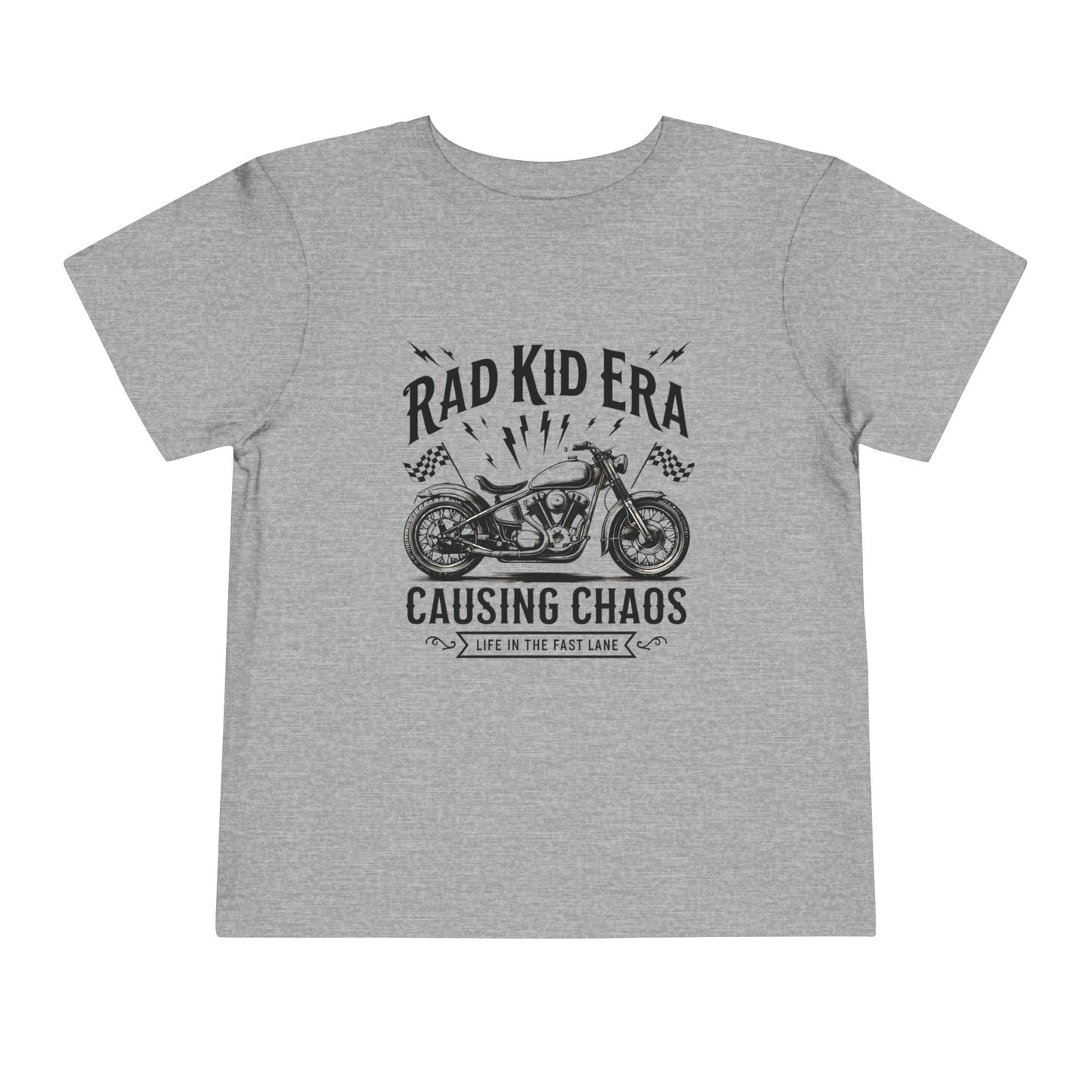 Gray t-shirt with black motorcycle graphic and text on a white background