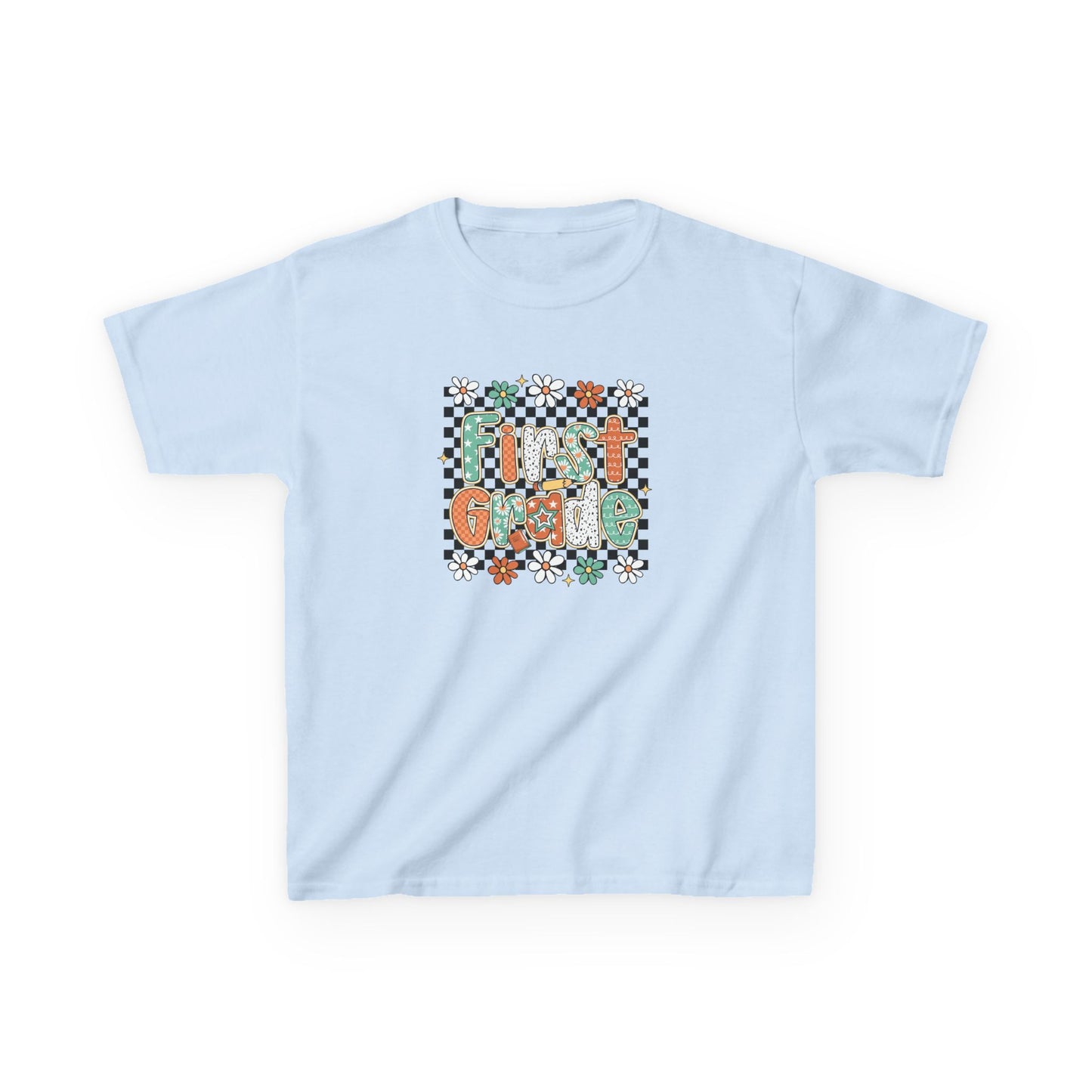 Light blue t-shirt with a colorful 'First Grand' graphic on a white background