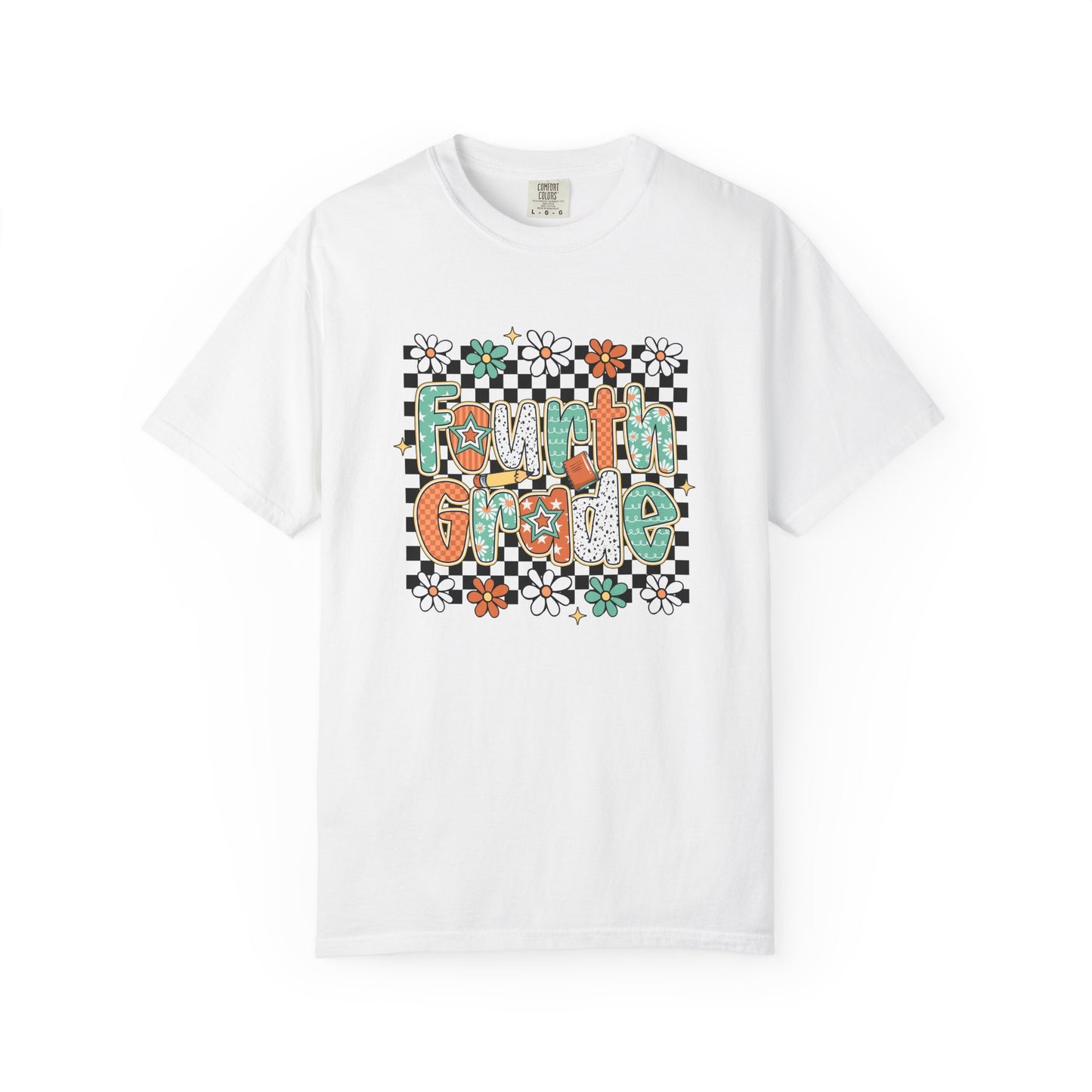 White t-shirt with 'Fourth Grade' design on a white background