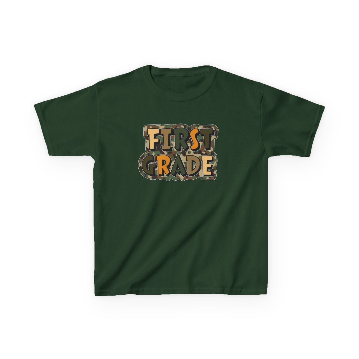 Green t-shirt with 'FIRST GRADE' text on a white background