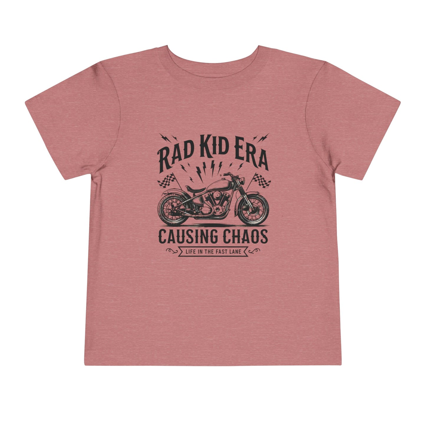 Pink t-shirt with motorcycle graphic and text on a white background
