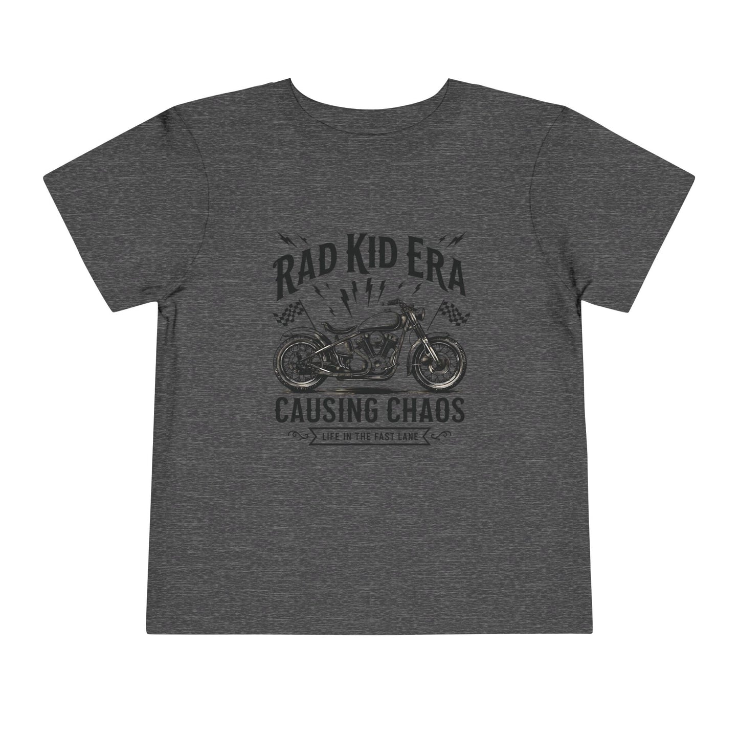 Gray t-shirt with motorcycle graphic and text on a white background