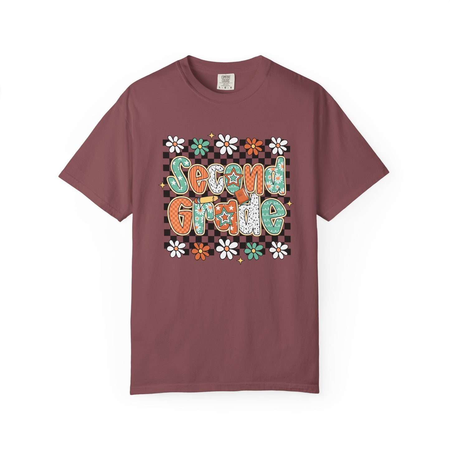 Maroon t-shirt with 'Second Grade' text and floral designs on a white background
