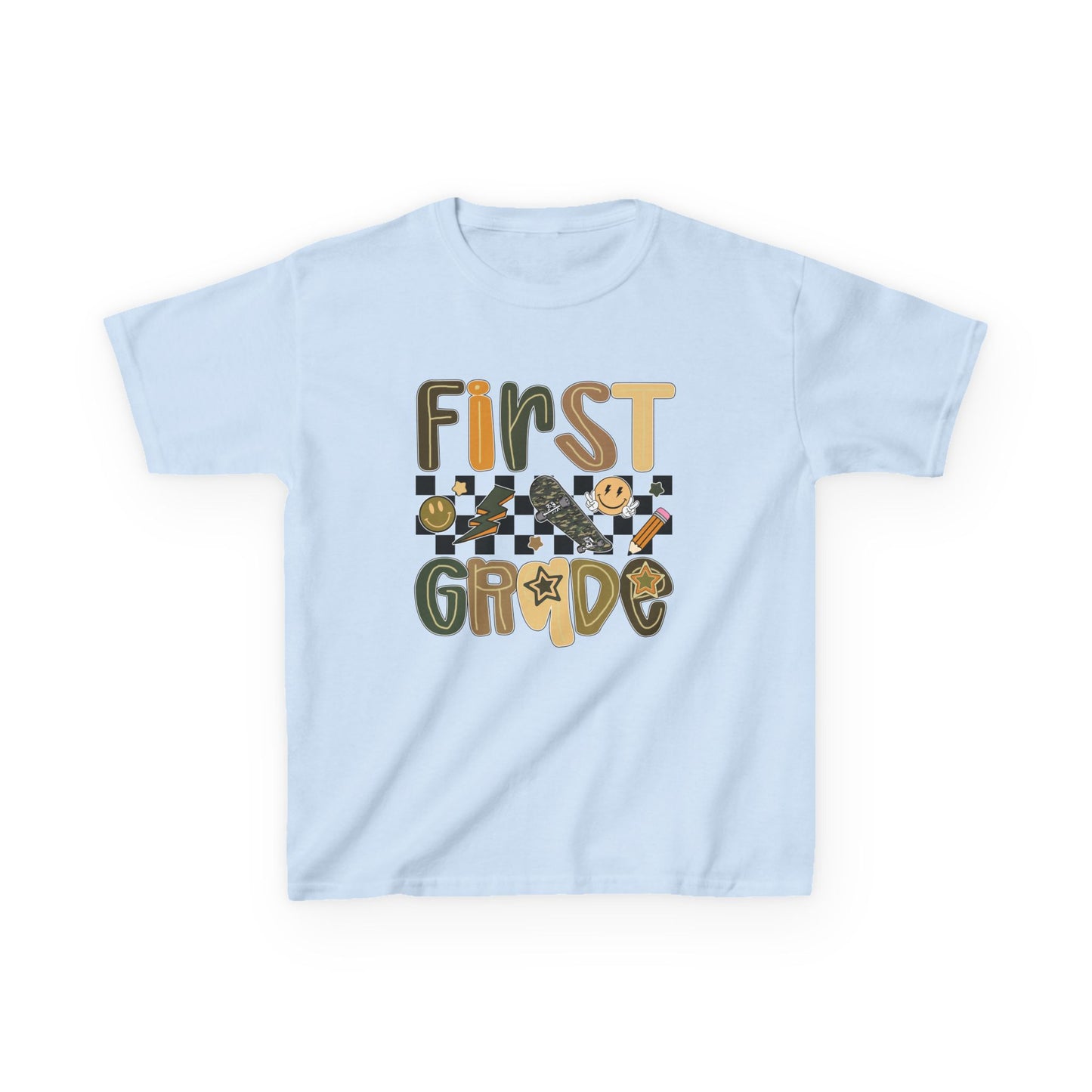 Light blue t-shirt with 'First Grade' text and checkered design on a white background
