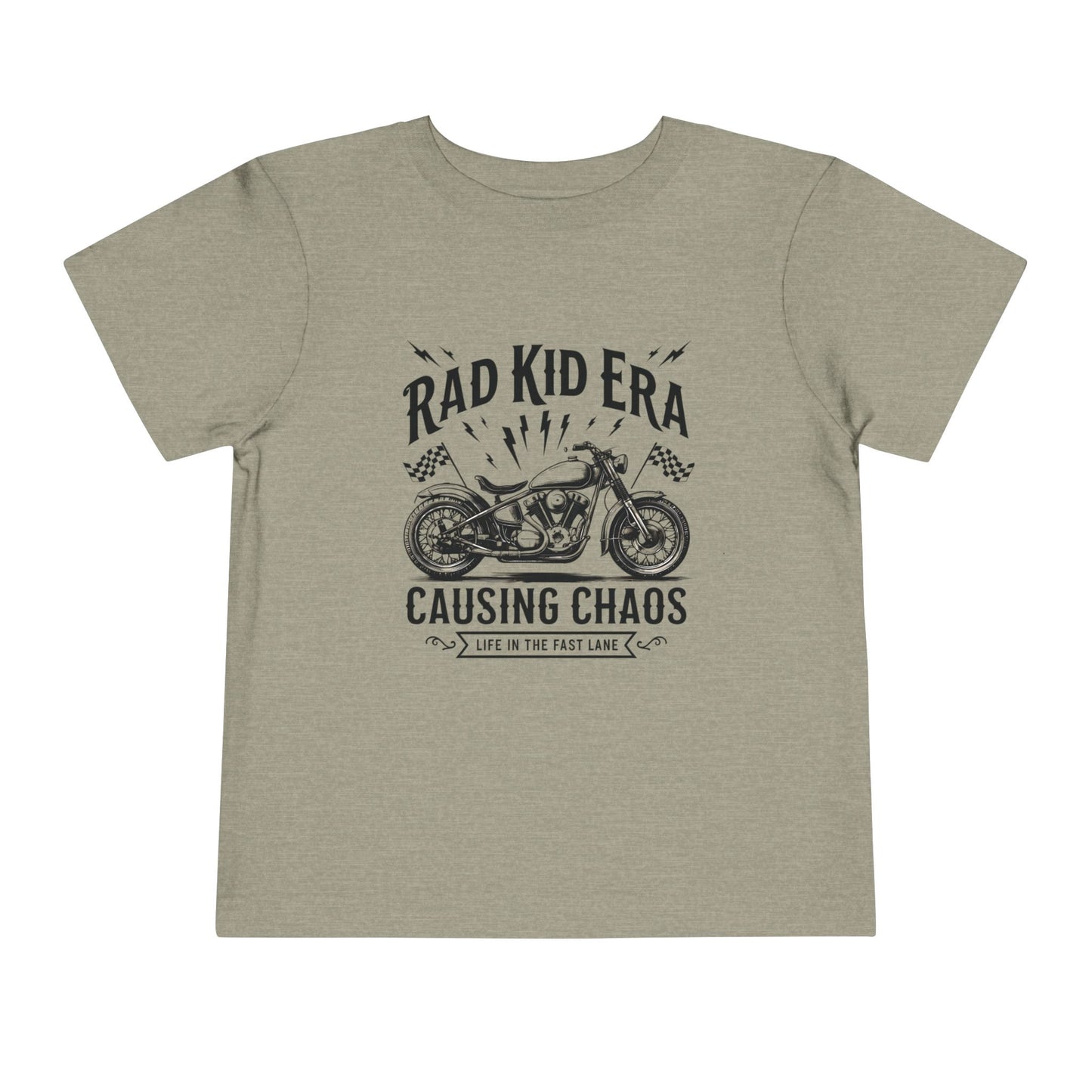 Children's t-shirt with motorcycle graphic and text on a beige background