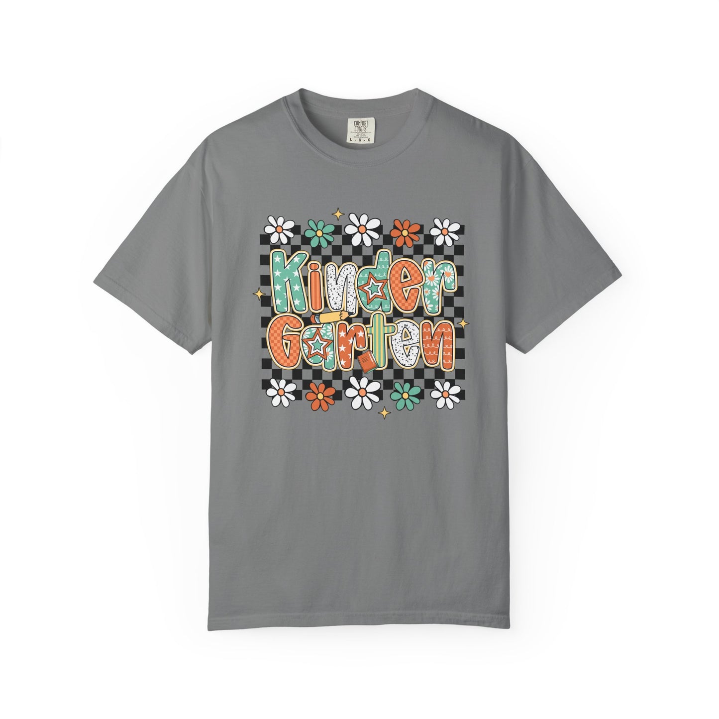 Gray t-shirt with 'Kindergarten' text and floral designs on a white background