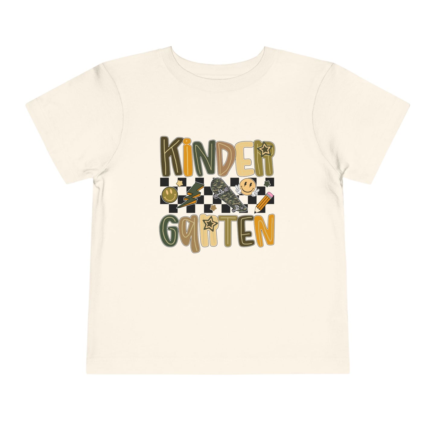 Beige t-shirt with 'Kinder Gartent' text and checkered design on a white background