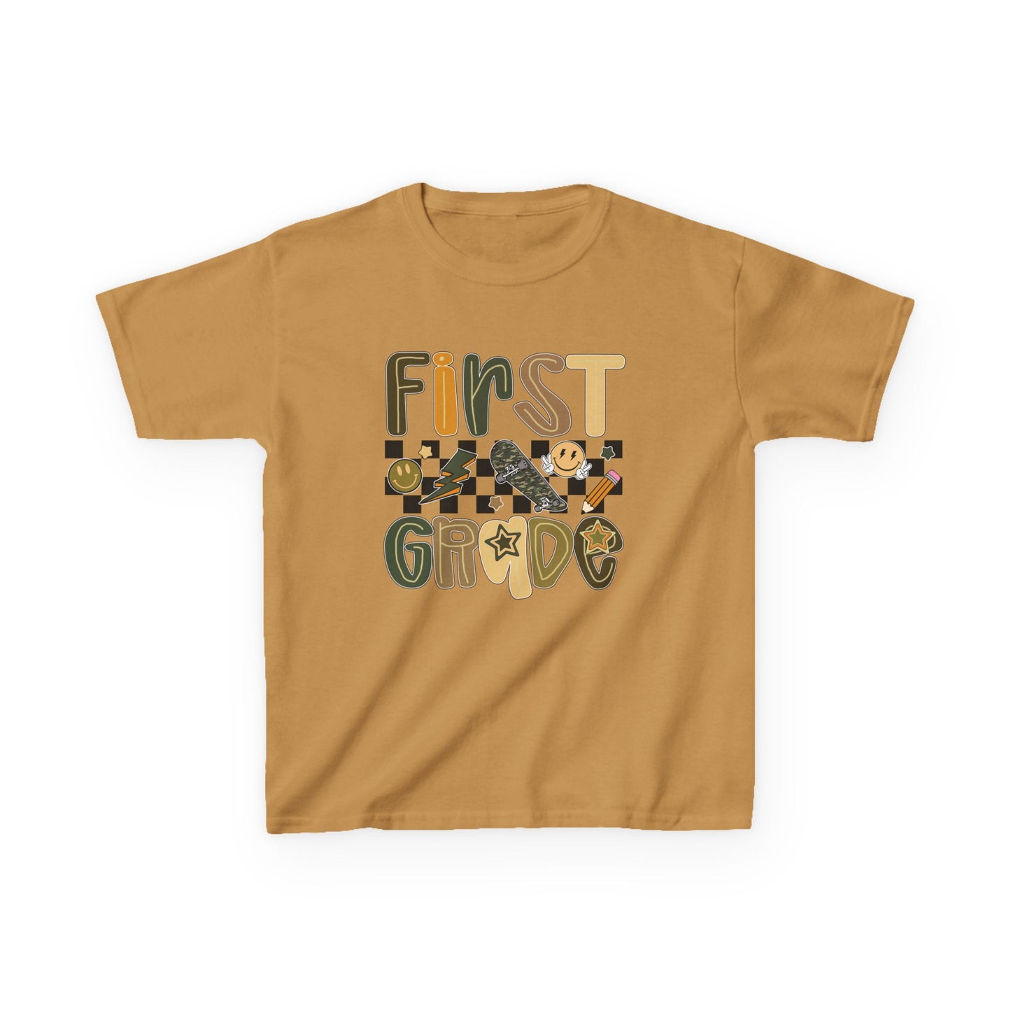 Mustard yellow t-shirt with 'First Grade' text and checkered design on a white background