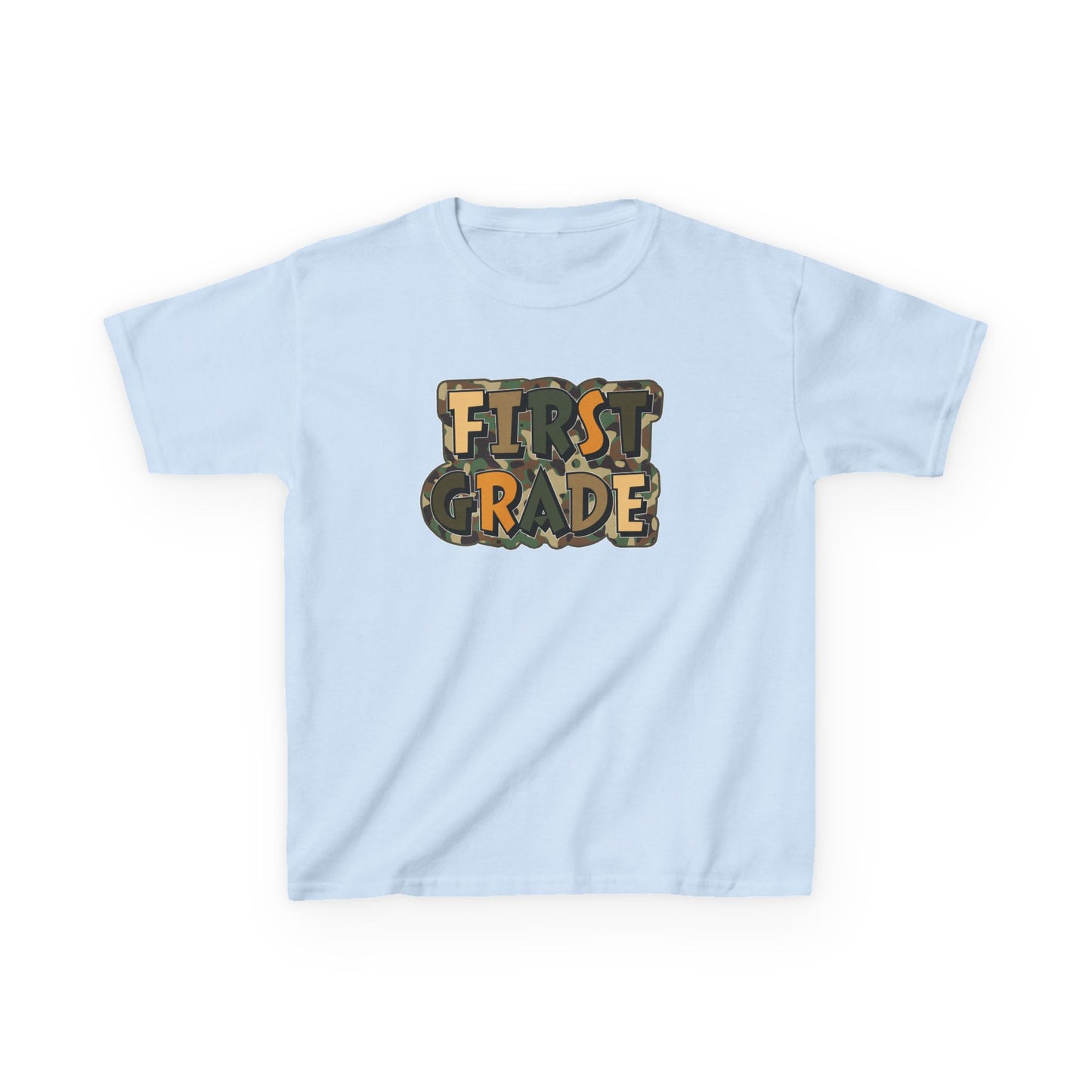Light blue t-shirt with 'FIRST GRADE' text in a camouflage pattern on a white background