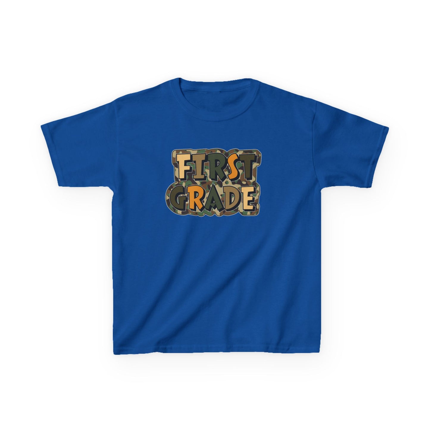 Blue t-shirt with 'FIRST GRADE' text on a white background
