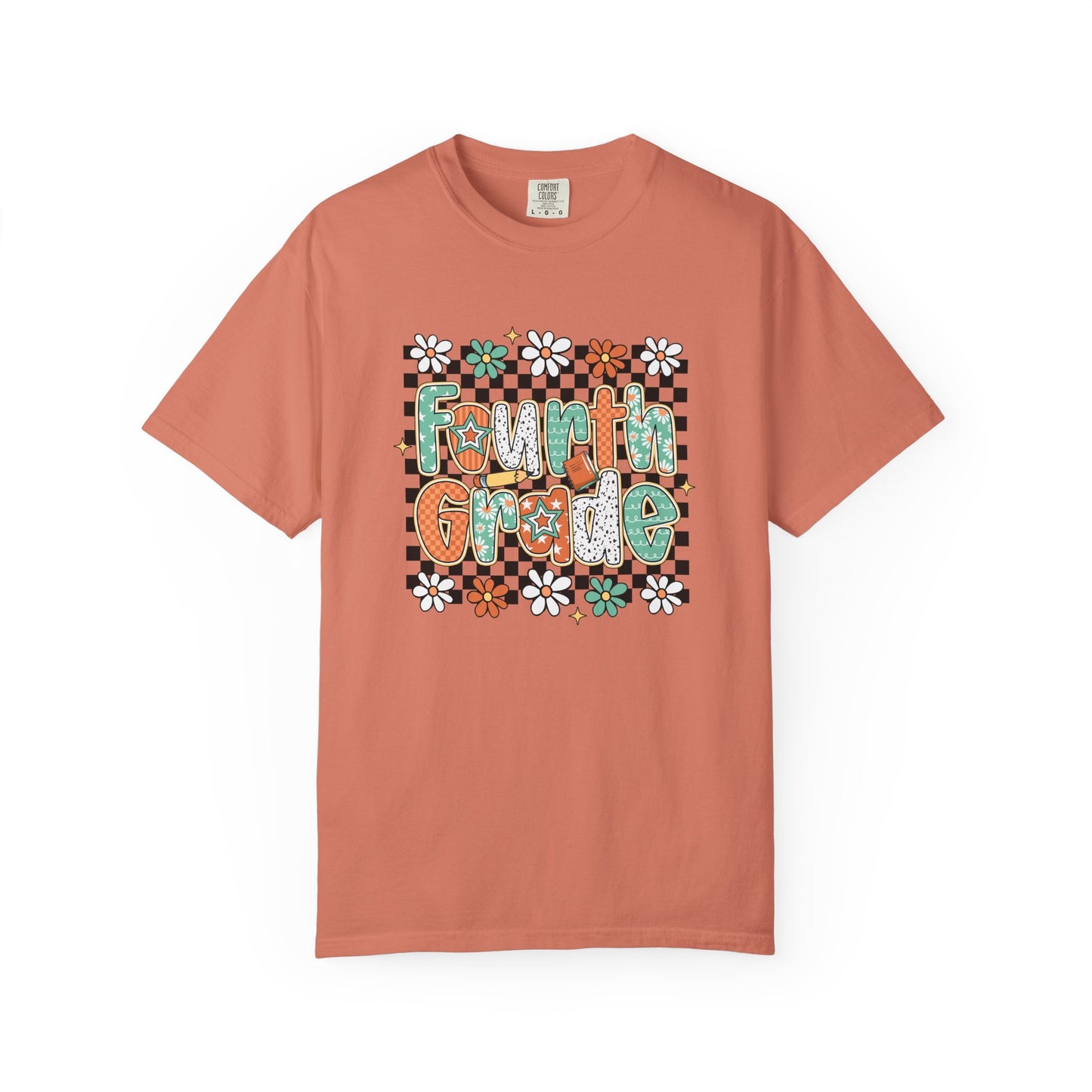Coral t-shirt with 'Fourth Grade' text and floral design on a white background